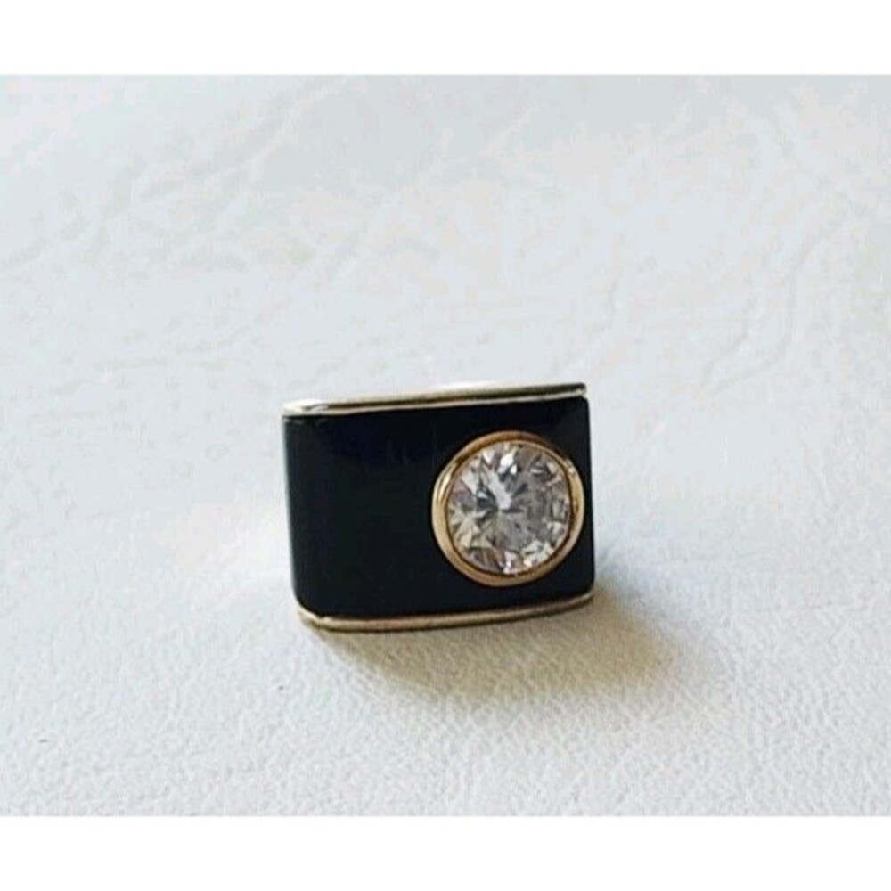 Ross Simons 925 Silver Modernist Style Ring W Crystal & Black Enamel - Sz. 6